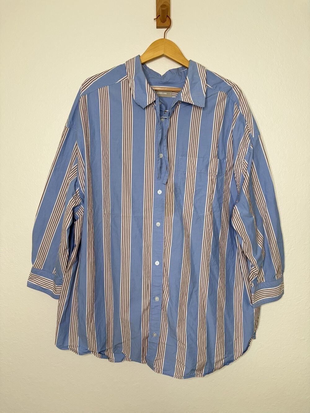 Everlane Blue Brown White Striped Oversized Button Up Shirt Size Large